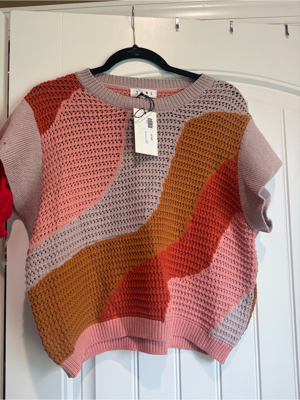 THML Wavy Colorblock Short Sleeve Knit Sweater - Pink, Rust & Mustard